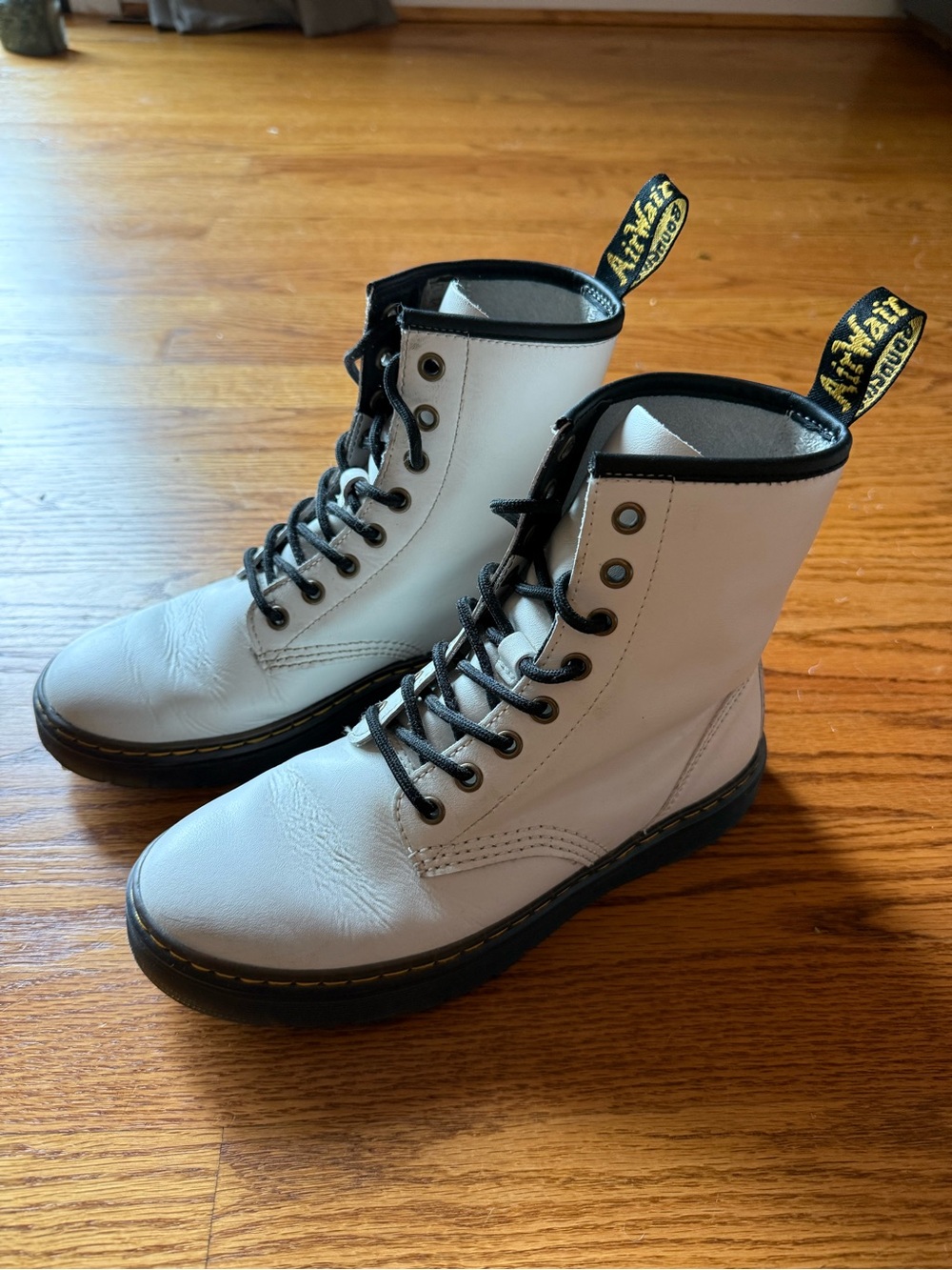 Dr. Martens White Leather Lace-Up Combat Boots with Black Trim